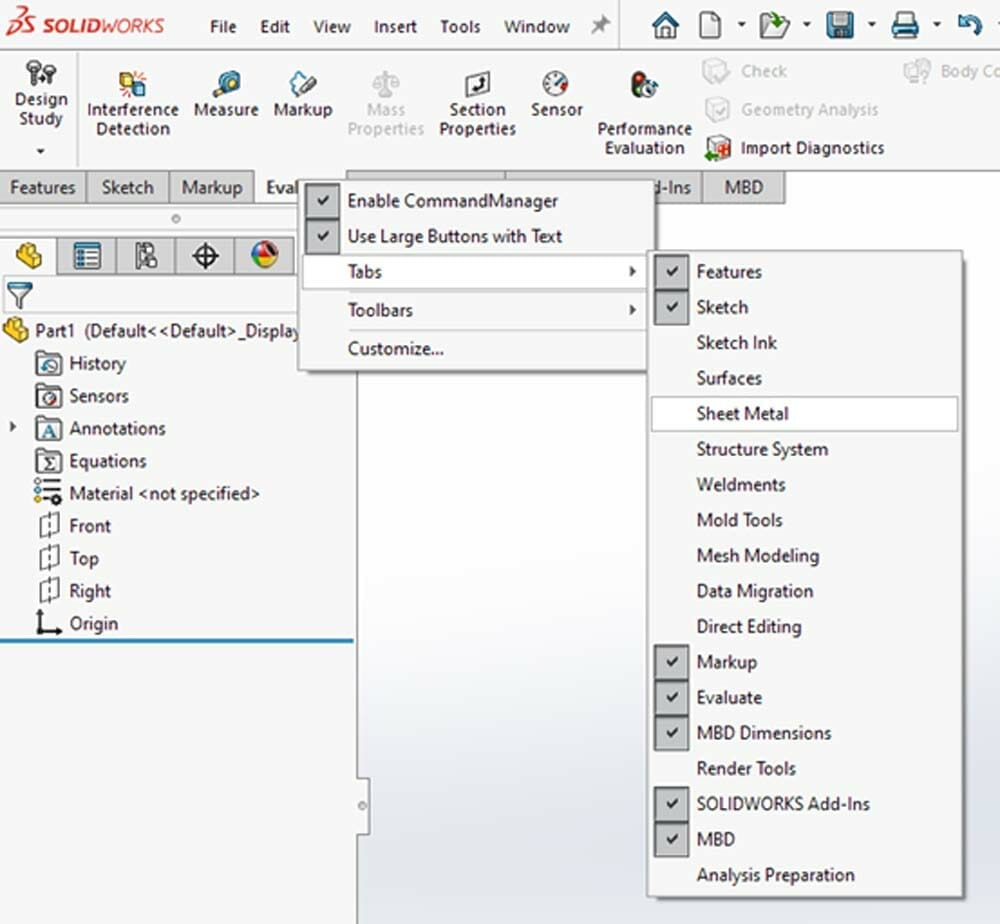 Screenshot of the SolidWorks "sheet metal" tab