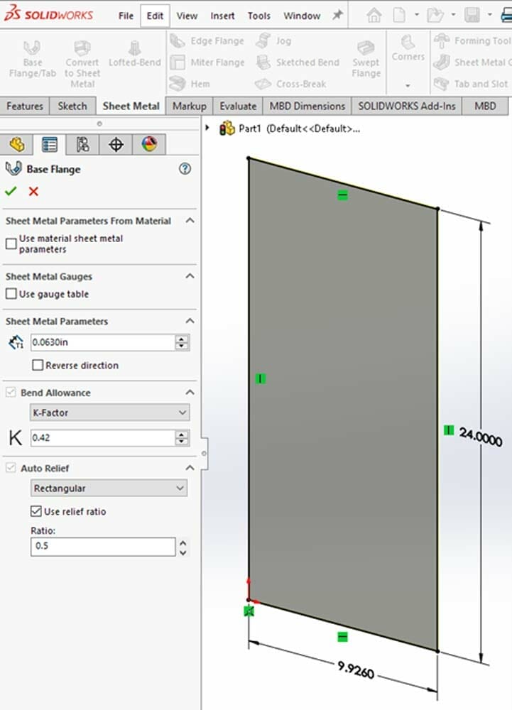 Screenshot of the sheet metal properties dialog box in SolidWorks