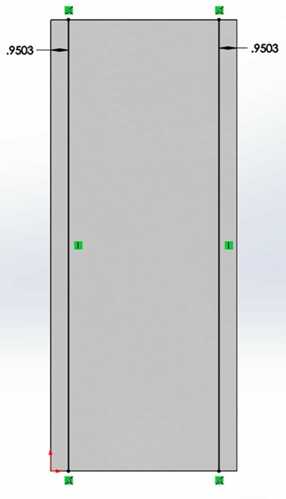 Screenshot of two bend lines on the sheet metal part in SolidWorks, each set at .9503" from the edge.
