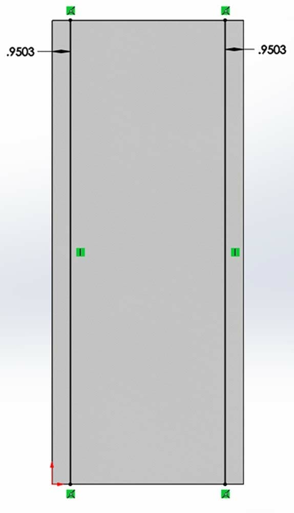 Screenshot of two bend lines on the sheet metal part in SolidWorks, each set at .9503" from the edge.