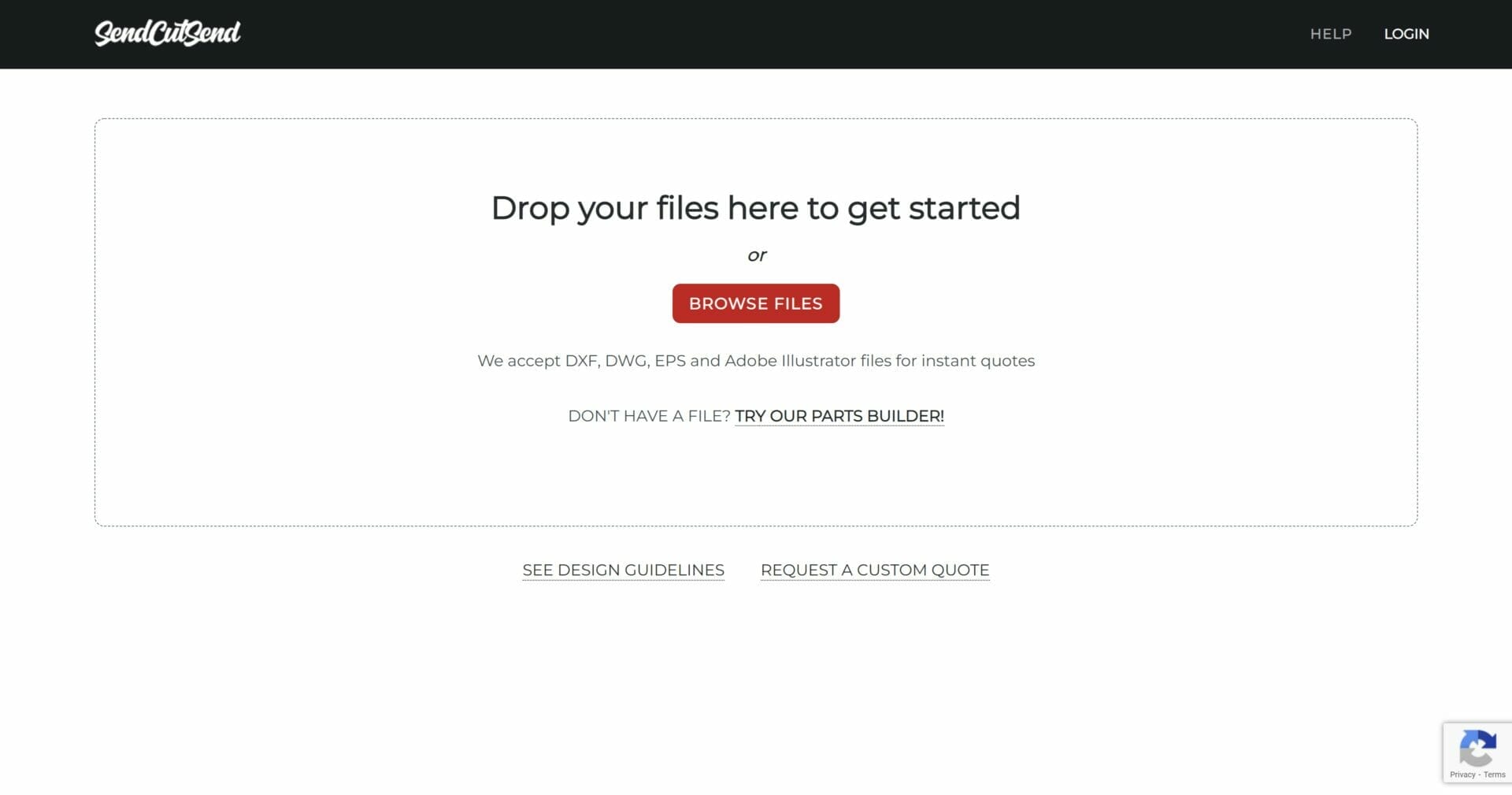 Screenshot of the opening screen for the SendCutSend ordering process with an interaction box that says "Drop your files here to get started" and a red "Browse Files" button