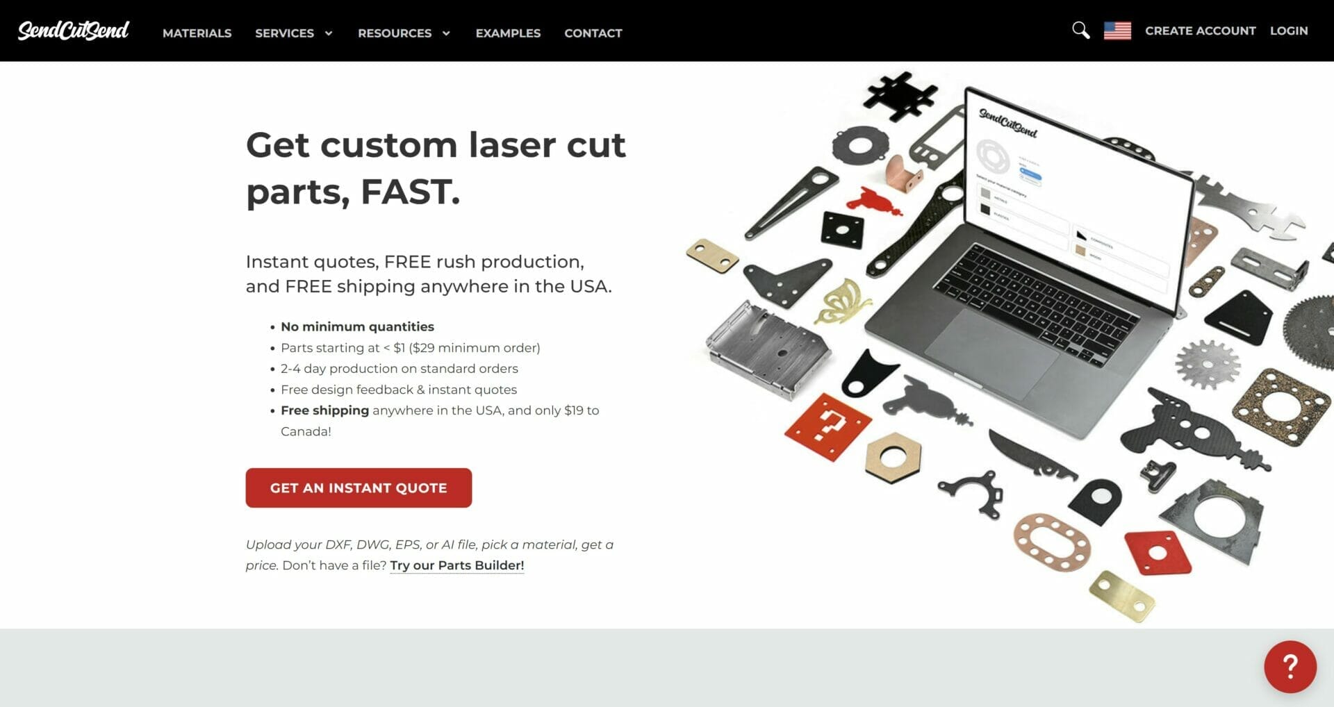 Screenshot of the home page for SendCutSend with the red "Get An Instant Quote" button