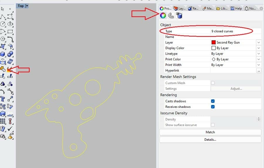 Screenshot of the Properties dropdown menu tab in Rhino3D.