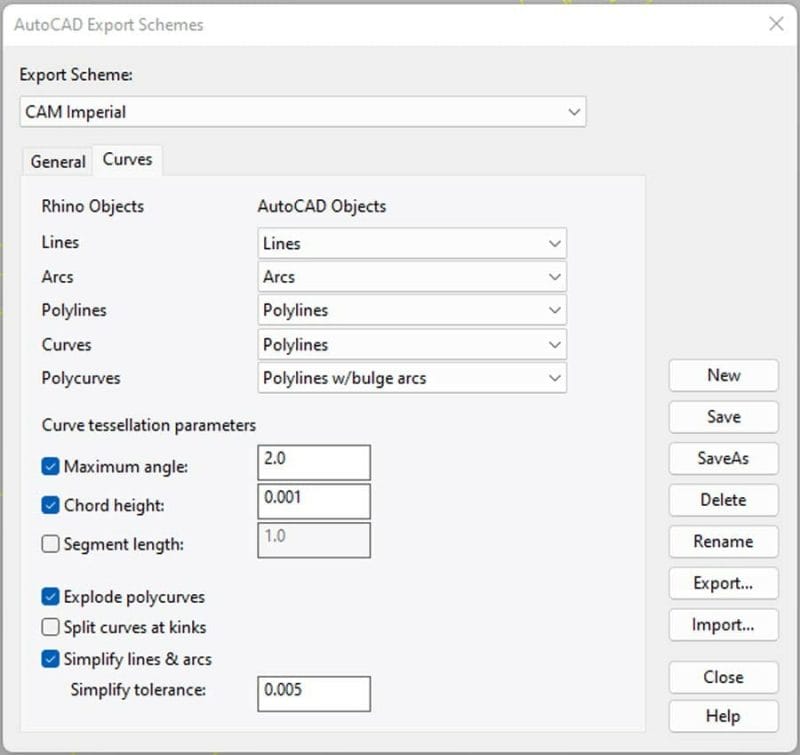 Screenshot of the Curves tab in the AutoCAD Export Schemes workflow