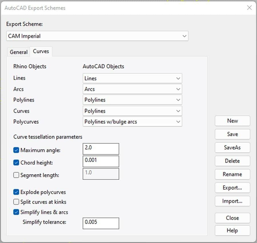 Screenshot of the Curves tab in the AutoCAD Export Schemes workflow