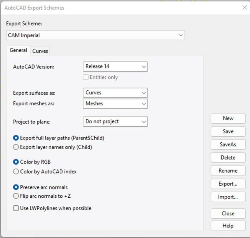Screenshot of the General tab in the AutoCAD Export Schemes workflow