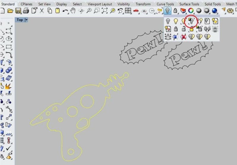 Screenshot of an illustration of a laser gun with two cartoon text boxes drawn in Rhino3D