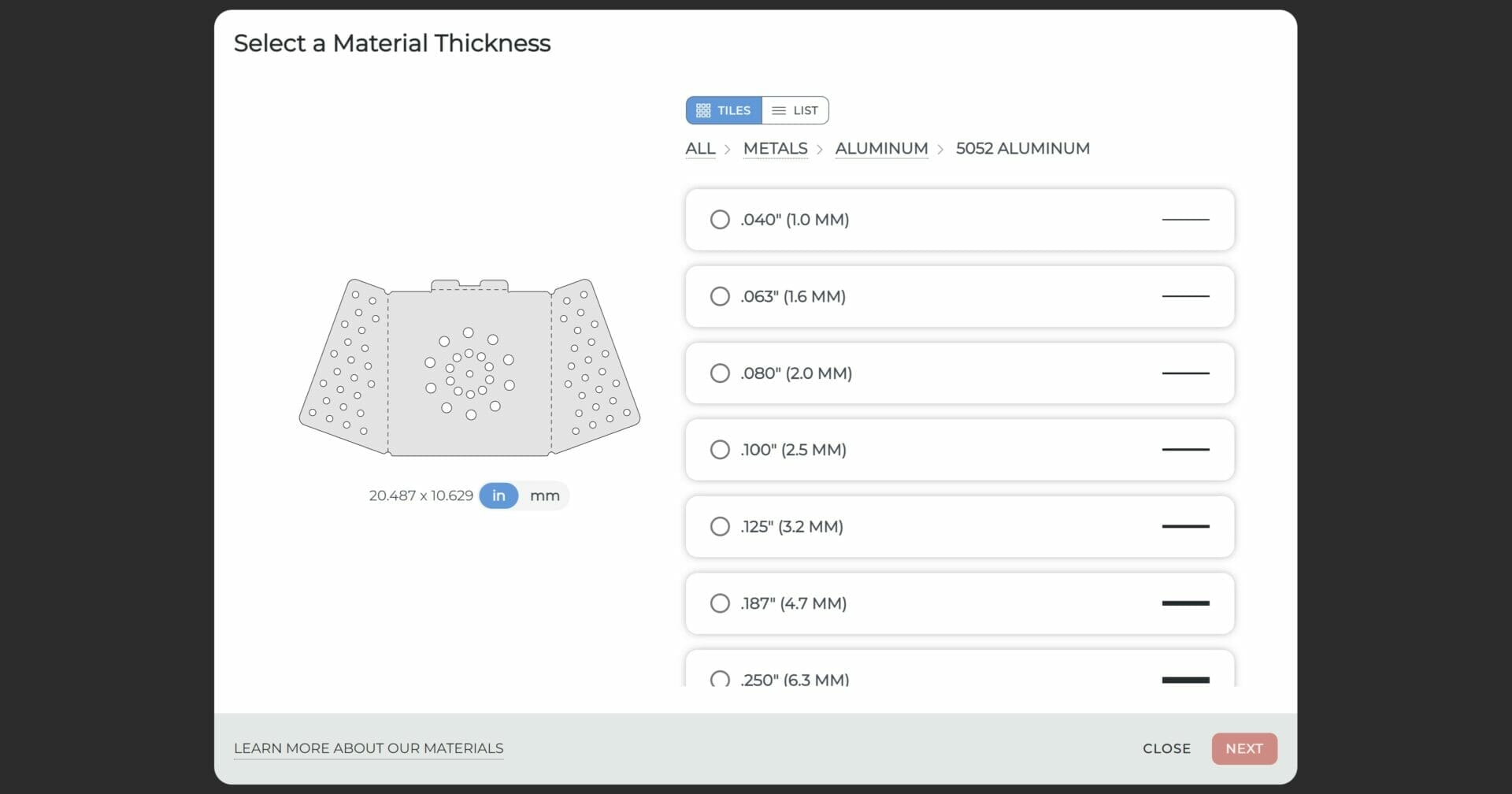 Screenshot of the "Select a Material" dialogue box in the SendCutSend ordering process