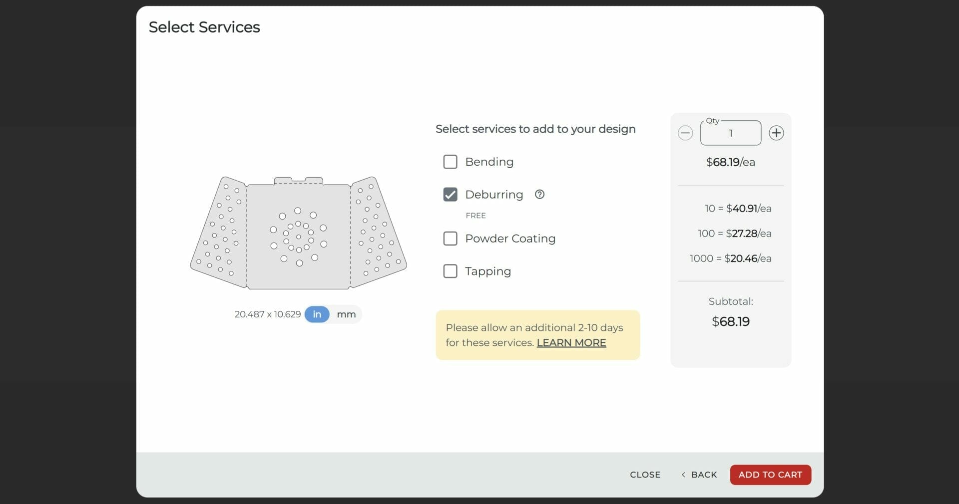 Screenshot of the "Select Services" dialogue box in the SendCutSend ordering process