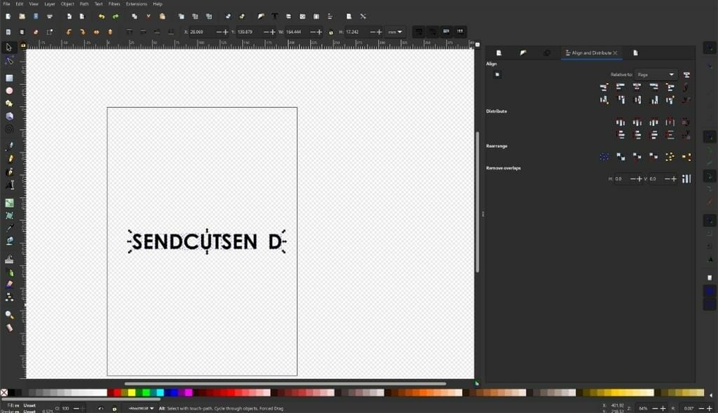 Screenshot of "SendCutSend" written in Inkscape, converted to paths, with the last "D" separated out from the other letters