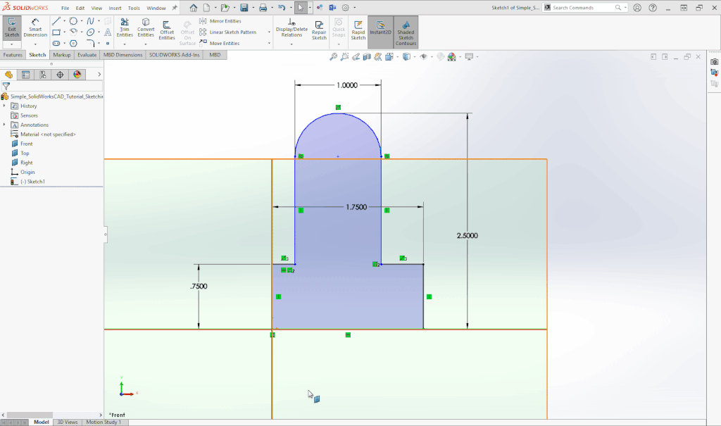 Gif of a cursor aligning and centering the elements against each other in the SolidWorks sketch using the "Add Relations" tool