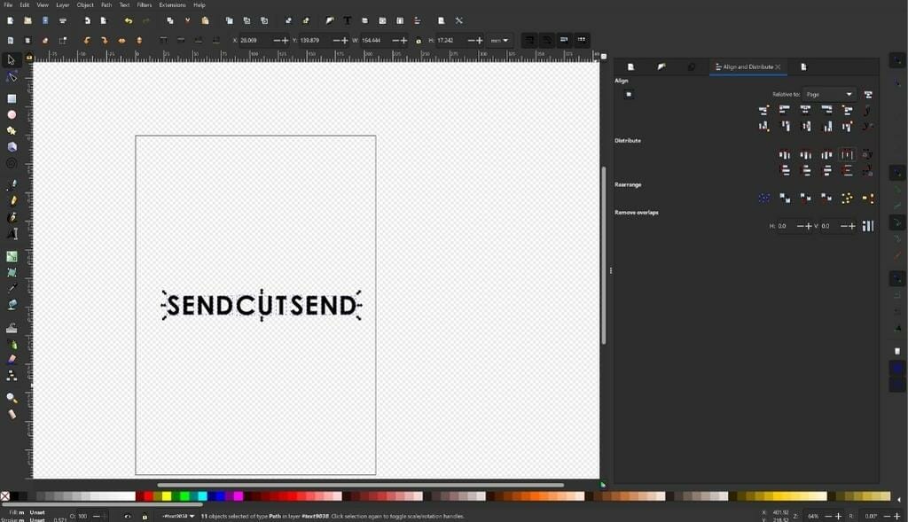 Screenshot of "SendCutSend" written in Inkscape with the letters separated equidistantly