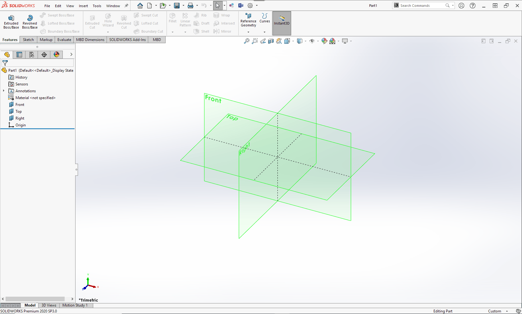 Screenshot of the now open workspace in SolidWorks with each plane denoted with a green rectangle