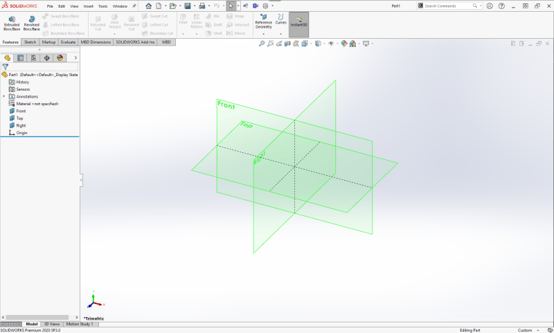 Screenshot of the now open workspace in Solidworks with each plane denoted with a green rectangle