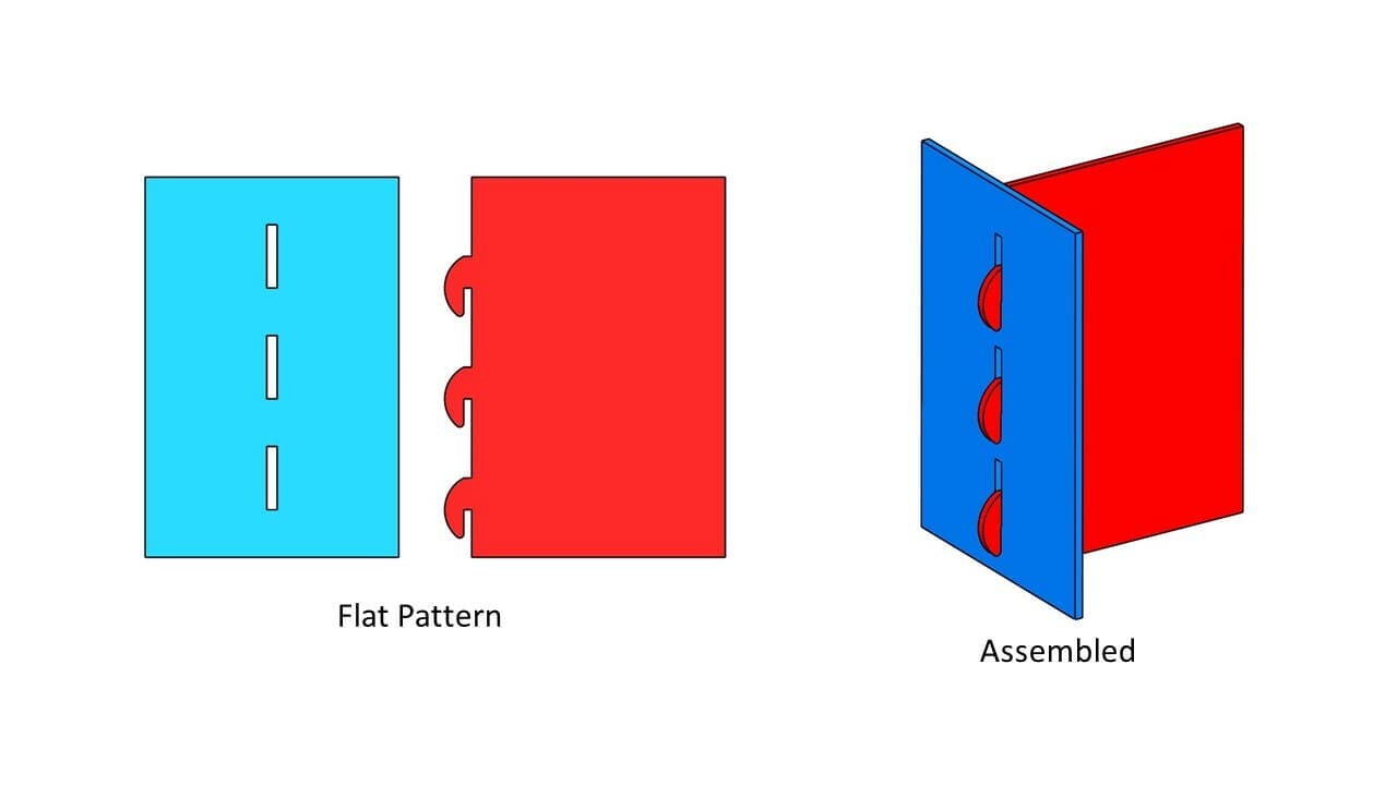 Illustration showing a flat laser cut part with a hook pattern, and a flat laser cut hook with a slot pattern, and how they fit together.