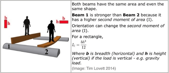 Illustration of two people standing on two planks. One is laid flat across two risers, creating a bridge that flexes, and one is laid on its side across two risers, creating a bridge that does not flex. This image also includes text that describes how the second plank has a higher moment of inertia.