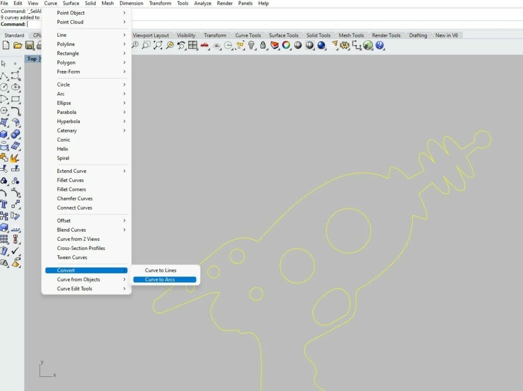 Screenshot of the Convert submenu, with "Curve to Arcs" selected, reducing nodes in Rhino3D