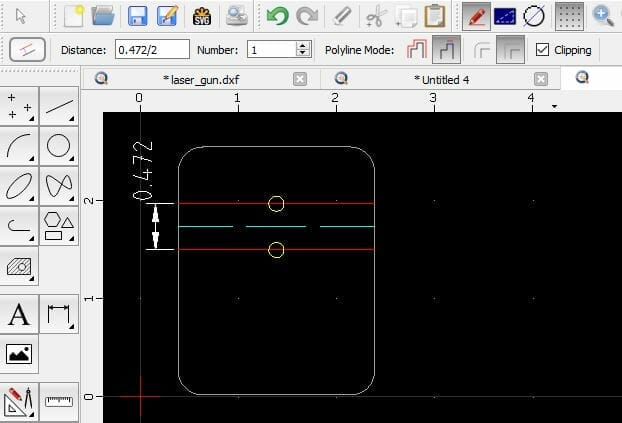 Screenshot of cut features displayed within the two bend lines using the Offset tool in QCAD