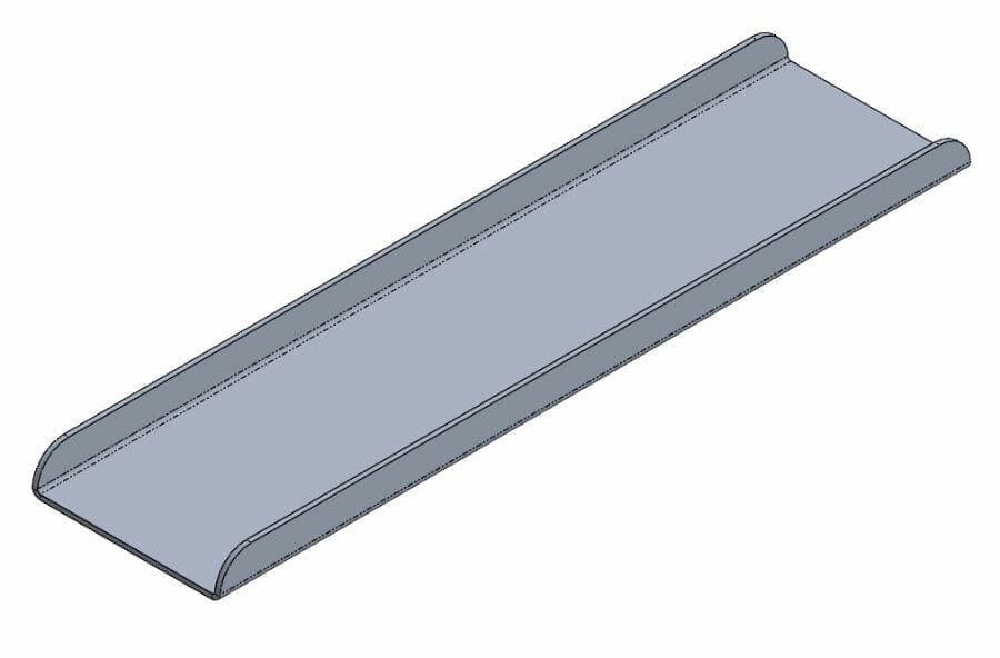 Model of a long rectangular sheet metal part with two small flanges along the longest sides to increase strength without having to increase material thickness