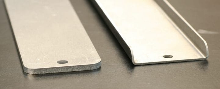 Image of a thick sheet metal part next to the same sheet metal part in a thinner thickness but with two bent flanges