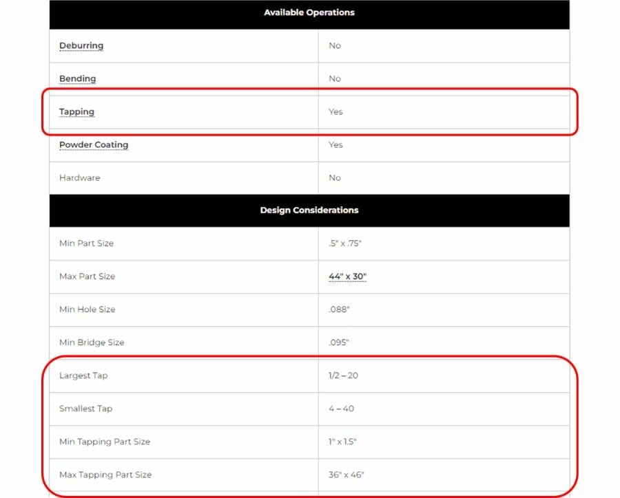 Screenshot of our material page showing whether or not tapping is available, and what tap sizes are available, for the given material and material thickness