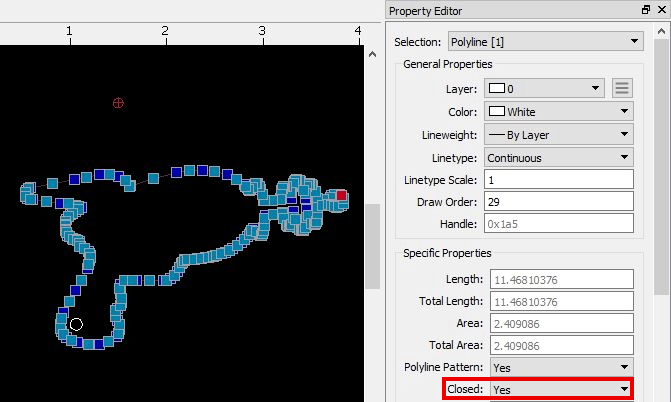 Screenshot of the Property Editor dialog box with a red circle around "Closed: Yes" meaning all contours are closed