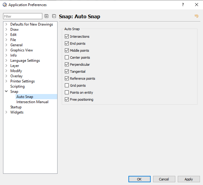 Screenshot of the multi-option check boxes for allowing auto snapping in QCAD