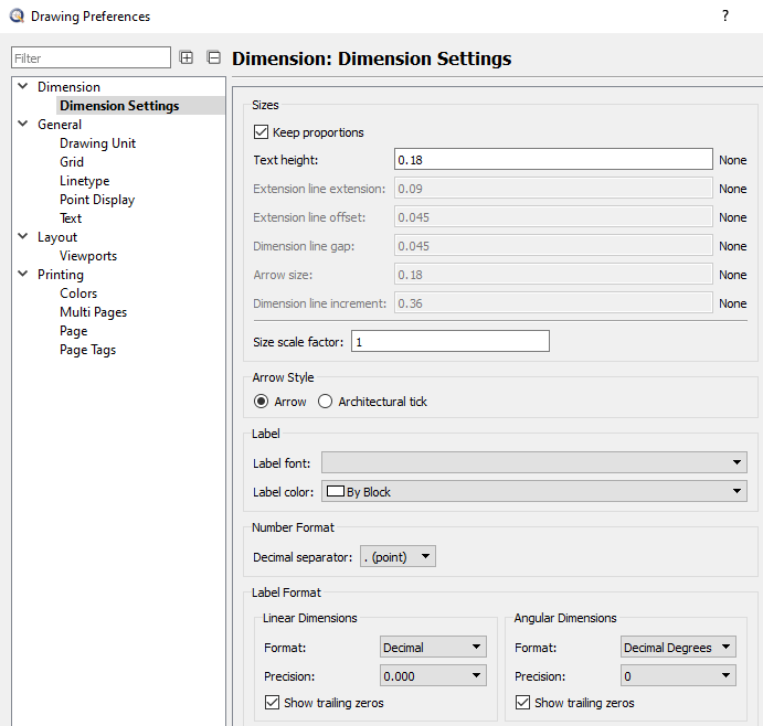 Screenshot of the Dimension Settings dialog box in QCAD