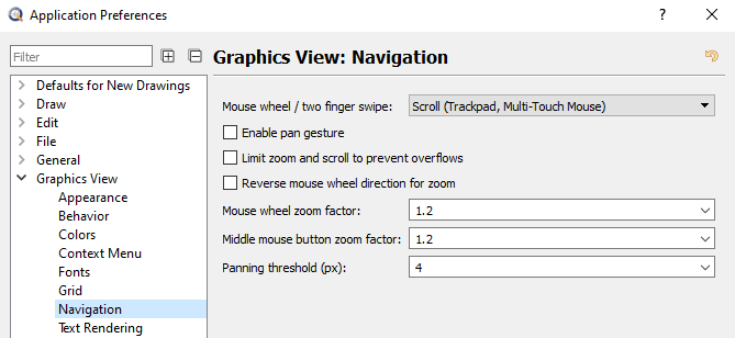 Screenshot of the options box for mouse behavior and navigation