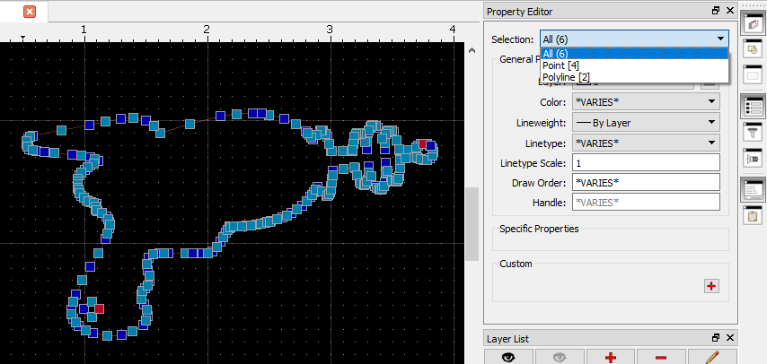 Screenshot showing the dropdown menu in the Property Editor of QCAD that displays all entities