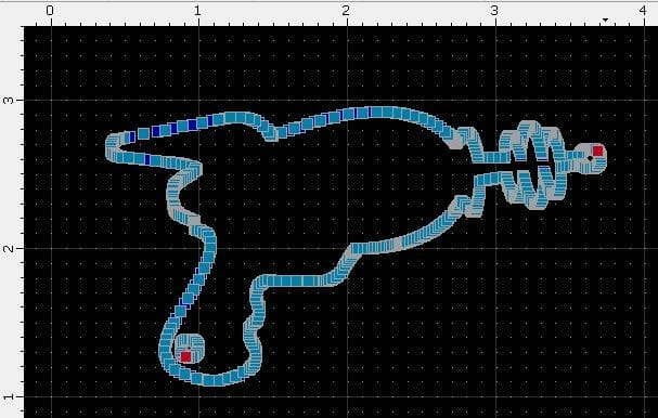 Screenshot of a drawing workspace in QCAD with a design shaped like a laser gun, showing nodes that are fairly close together and not easily distinguishable from one another