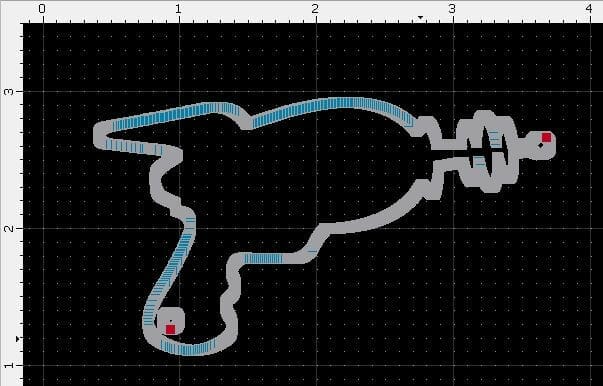 Screenshot of a drawing workspace in QCAD with a design shaped like a laser gun, showing nodes that are far too close together to the point of being indistinguishable from one another