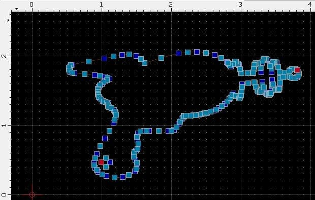 Screenshot of a drawing workspace in QCAD with a design shaped like a laser gun, showing nodes that are spread reasonably far apart and easily distinguishable from one another