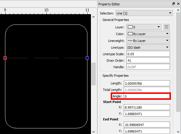 Screenshot of the Property Editor dialog with the angle of a selected line shown at "0"