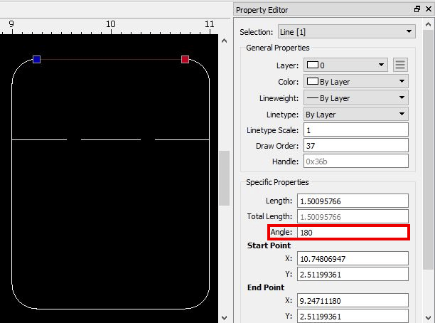 Screenshot of the Property Editor dialog with the angle of a selected line shown at "180"