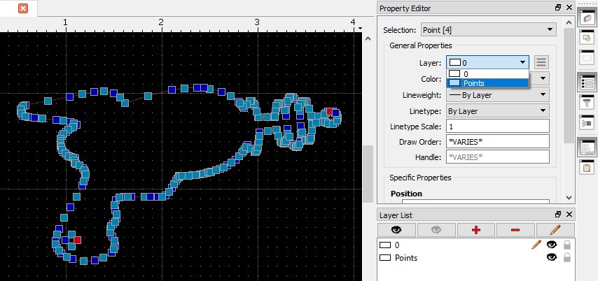 Screenshot showing the dropdown menu in the Property Editor of QCAD that displays all entities and has the stray points selected and moved to a new layer