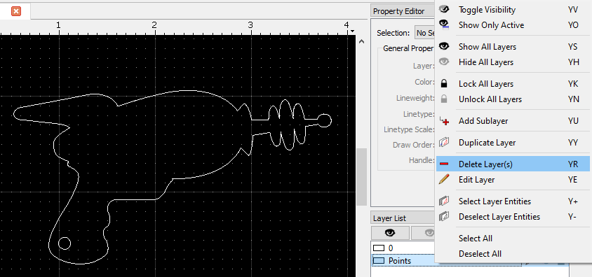 Screenshot showing the dropdown in the QCAD Property Editor where a layer can be deleted