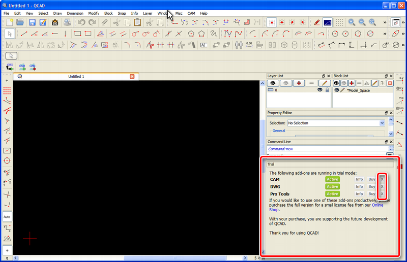 Screenshot of the dialog shown in QCAD to disable the trial modes