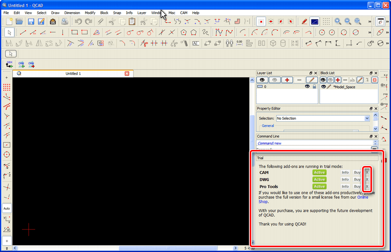 Screenshot of the dialog shown in QCAD to disable the trial modes