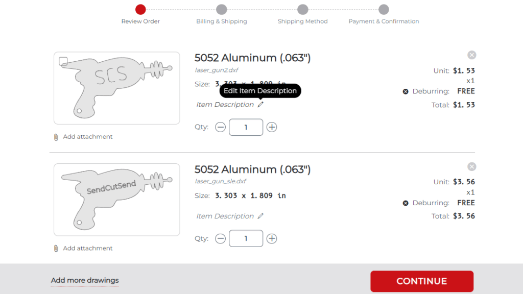Reviewing your order in SendCutSend app
