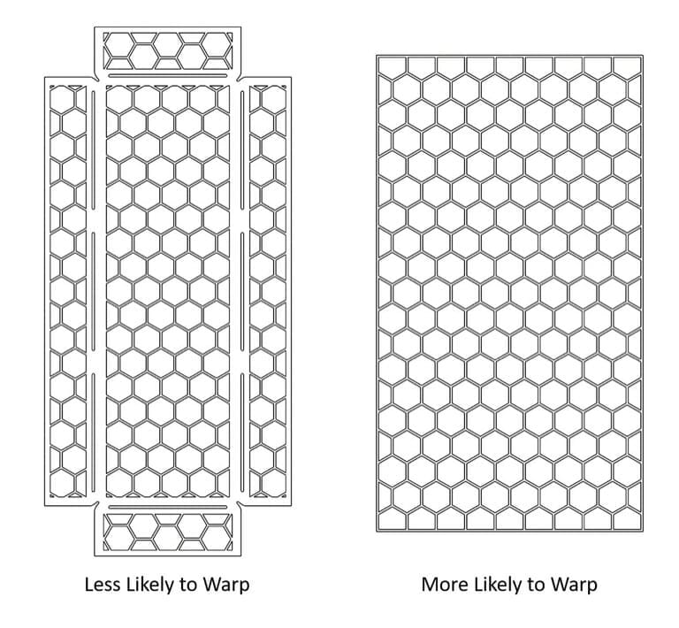 Examples of designs that are more or less likely to warp depending on support and material removed