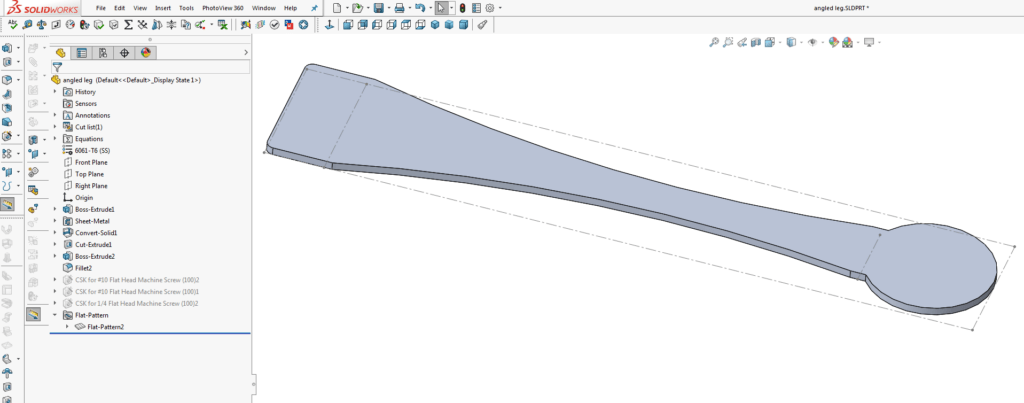The bounding box and bend lines indicate this is a sheet metal part flattened for DXF export. 
