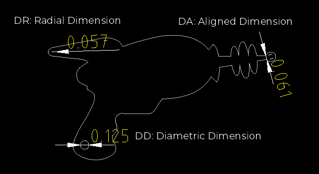 Example of aligned, diametric, and radial dimensions