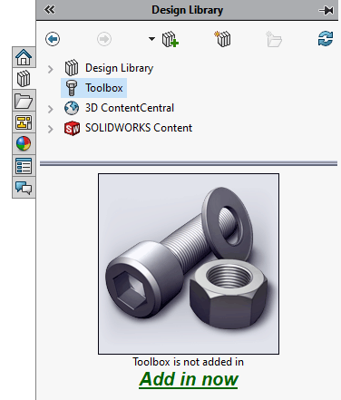 Enabling the SolidWorks Toolbox in the Design Library. 