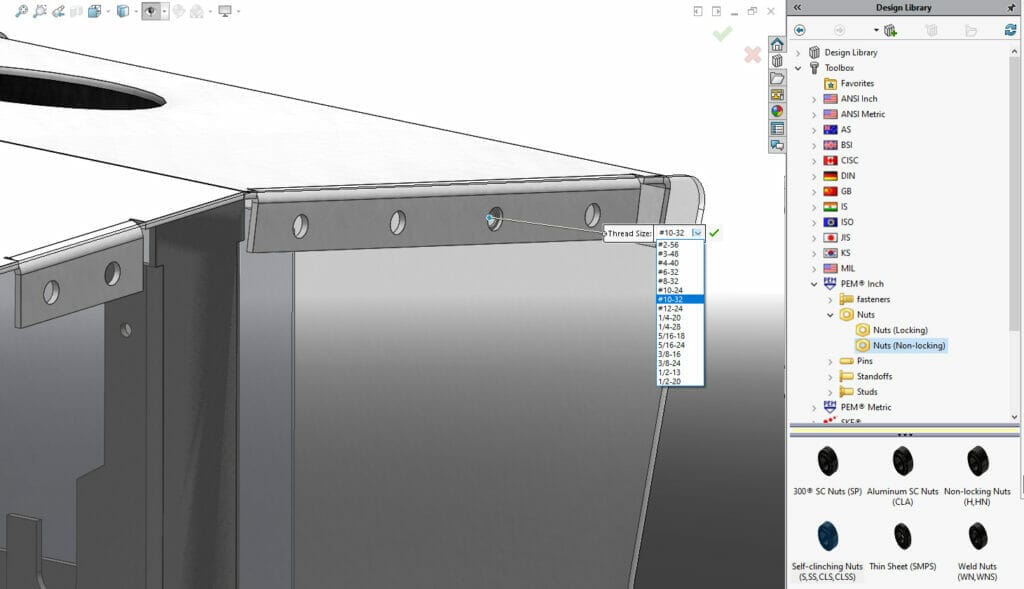 Drag-and-drop the fastener on the hole and it will snap into place. Select the desired thread specification from the list.