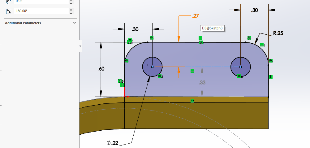Sketched flange with CL clearances and correct hole diameter.