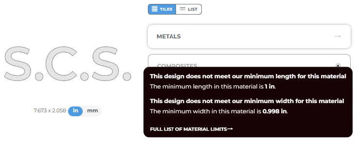 Pre-nested files with shapes that are below the minimum we can cut in a desired material won't be able to get a quote in that material