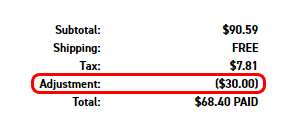 Refund receipt shown on order invoice
