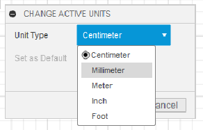 Change active units to millimeters or inches in Fusion