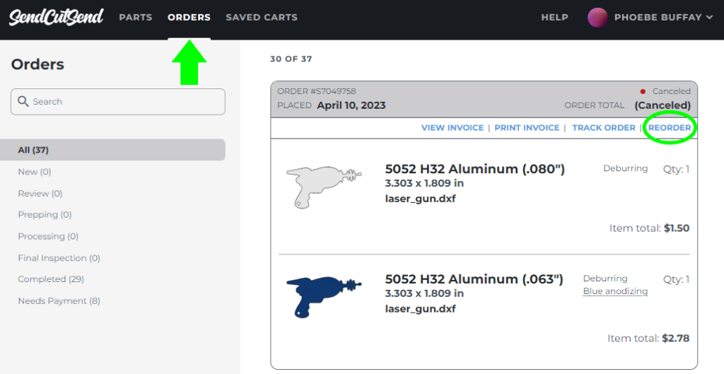 Click Reorder on any order in your history to add instant pricingd parts to your shopping cart.